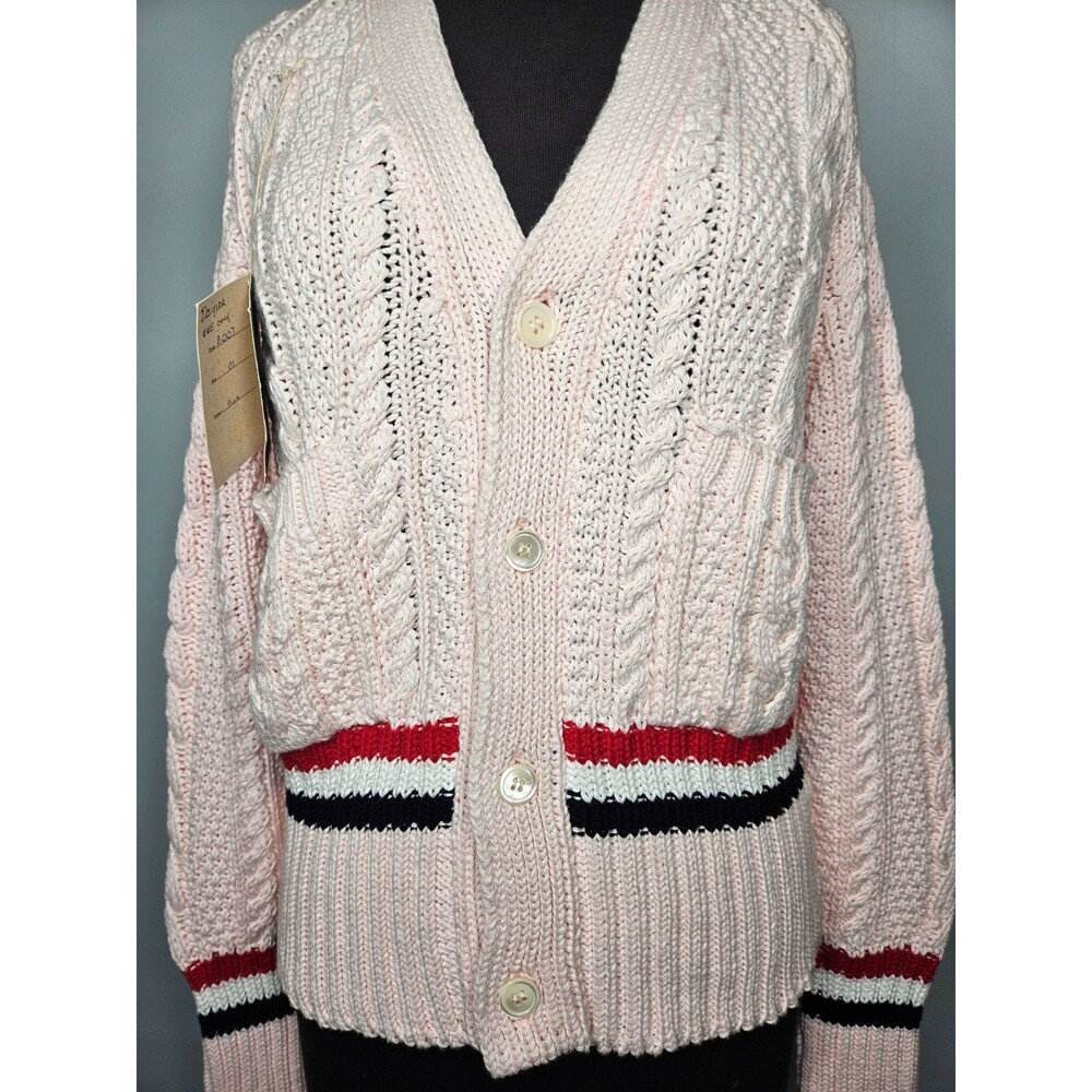 BONNER of IRELAND Women's Cable Knit Cardigan Sweater Medium Pink Striped Preppy - Picture 2 of 12
